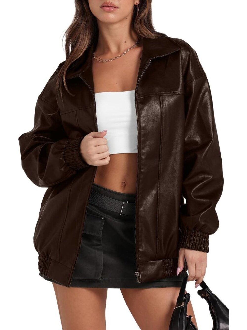 Women's Dark Brown Leather Jacket Oversized Motorcycle Bomber Coats Outfits